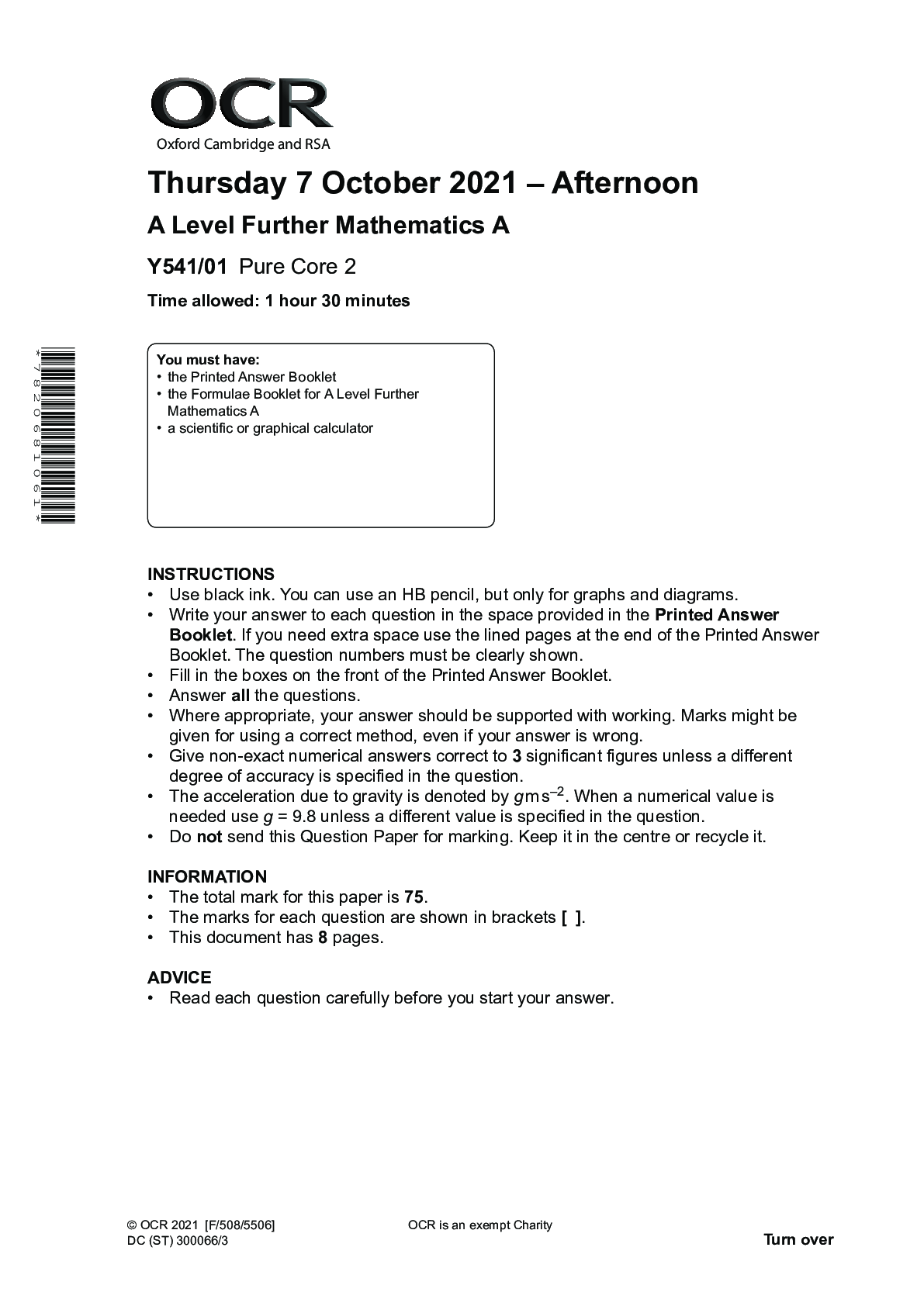 Preview image for Further Mathematics A Y541/01: Pure Core 2 Advanced GCE QUESTION PAPER for Autumn 2021